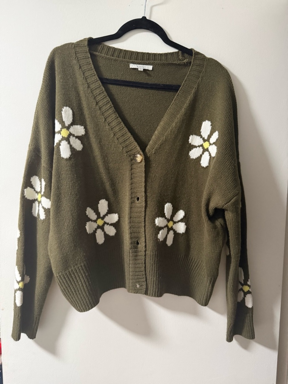 Olive Green Floral V-Neck Cardigan Sweater